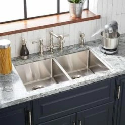 Cheapest 🧨 Signature Hardware Ortega 33 x 22 in. 4-Hole Stainless Steel Double Bowl Undermount Kitchen Sink 🧨