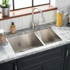 Flash Sale 🔥 Signature Hardware Sitka 33 x 22 in. 1 Hole Stainless Steel Double Bowl Dual Mount Kitchen Sink in Brushed Stainless Steel 🌟