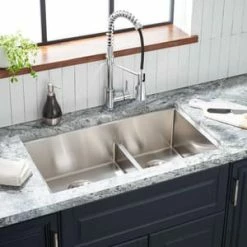 Budget 🎁 Signature Hardware Ortega 32 x 18-1/2 in. Stainless Steel Double Bowl Undermount Kitchen Sink ✨ -Bathroom Hardware Sale Query 125