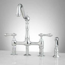 New 🔔 Signature Hardware Bellevue Two Handle Bridge Kitchen Faucet in Polished Chrome 😉