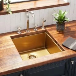Hot Sale 😉 Signature Hardware Atlas 19 x 20 in. No Hole Stainless Steel Single Bowl Undermount Kitchen Sink in Matte Gold 😀