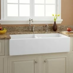 Budget 👍 Signature Hardware Risinger 39-1/4 x 18-1/2 in. Fireclay Double Bowl Farmhouse Kitchen Sink in White 🎉