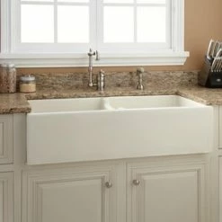 Budget 🔔 Signature Hardware Risinger 39-1/4 x 18-1/2 in. Fireclay Double Bowl Farmhouse Kitchen Sink in Biscuit 🥰