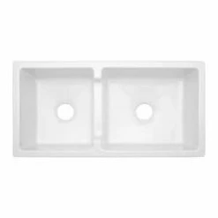 Outlet 🔔 Signature Hardware Risinger 36 x 18 in. Fireclay Double Bowl Farmhouse Kitchen Sink in White 💯 -Bathroom Hardware Sale Query 370