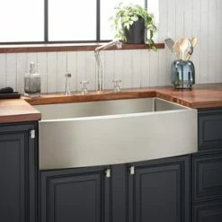 Discount 🛒 Signature Hardware Atlas 33 x 21 in. Stainless Steel Single Bowl Farmhouse Kitchen Sink with Curved Apron in Pewter 🛒