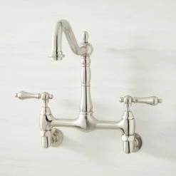 Coupon 🛒 Signature Hardware Felicity Two Handle Bridge Kitchen Faucet in Brushed Nickel 🌟