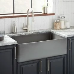 Buy π Signature Hardware Baylor 32-3/4 x 20 in. Reversible Fireclay Single Bowl Farmhouse Kitchen Sink in Smoke Grey π