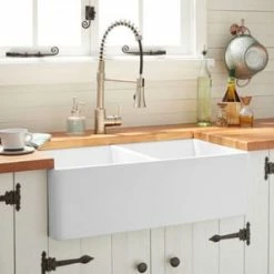 Cheapest 😍 Signature Hardware Reinhard 33-1/4 x 18-1/8 in. Fireclay Double Basin Farmhouse Kitchen Sink in White ❤️