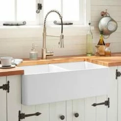 Cheapest 😍 Signature Hardware Reinhard 33-1/4 x 18-1/8 in. Fireclay Double Basin Farmhouse Kitchen Sink in White ❤️ -Bathroom Hardware Sale Query 73