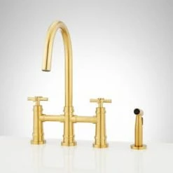 Best deal 🥰 Signature Hardware Ailey Two Handle Kitchen Faucet with Side Spray in Brushed Gold 🥰