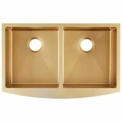 Best deal ✔️ Signature Hardware Atlas 33 x 21 in. Stainless Steel 50/50 Split Double Bowl Farmhouse Kitchen Sink with Curved Apron in Matte Gold 🥰 -Bathroom Hardware Sale Query 749