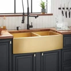 Best deal ✔️ Signature Hardware Atlas 33 x 21 in. Stainless Steel 50/50 Split Double Bowl Farmhouse Kitchen Sink with Curved Apron in Matte Gold 🥰 -Bathroom Hardware Sale Query 750