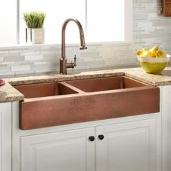 Cheap 🎉 Signature Hardware Vernon 33 x 22 in. Copper Double Bowl Farmhouse Kitchen Sink in 🔨 Hammered Copper 👍