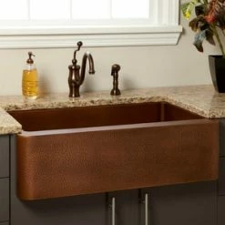 Outlet 🎁 Signature Hardware Vernon 35 x 21-5/8 in. Copper Single Bowl Farmhouse Kitchen Sink in Antique Copper ⭐