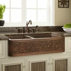 Promo 😉 Signature Hardware Vine Design 33 x 21-3/4 in. Copper Double Bowl Farmhouse Kitchen Sink in Antique Copper ⭐