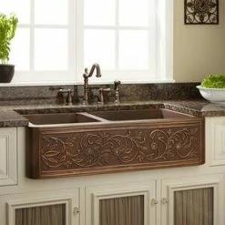 Promo 😉 Signature Hardware Vine Design 33 x 21-3/4 in. Copper Double Bowl Farmhouse Kitchen Sink in Antique Copper ⭐ -Bathroom Hardware Sale Query 804