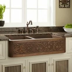 Promo 😉 Signature Hardware Vine Design 33 x 21-3/4 in. Copper Double Bowl Farmhouse Kitchen Sink in Antique Copper ⭐ -Bathroom Hardware Sale Query 805