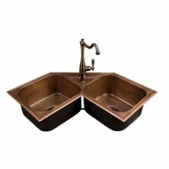 Best deal 🧨 Signature Hardware 🔨 Hammered 33 x 31 in. No Hole Copper Double Bowl Self-rimming/Drop-in Kitchen Sink in Antique Copper 🥰